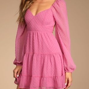 Longing And Love Pink Swiss Dot Puffed Long Sleeve Mini Dress